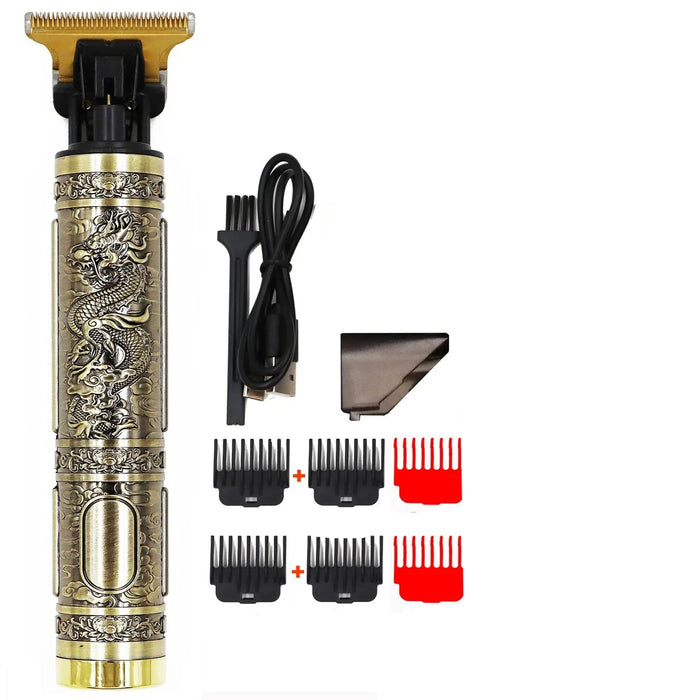 A gold-colored hair trimmer with dragon engravings. This set includes a USB charging cable, a cleaning brush, six clipper guards, and an additional comb 