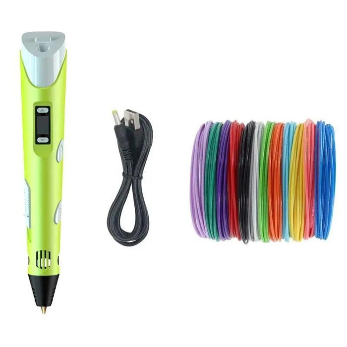 A green 3D pen with a USB charging cable and a variety of filament coils in different colors.