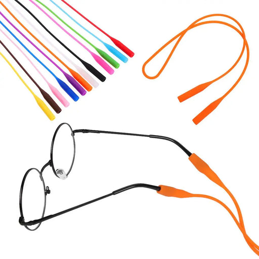 Various colored straps, with an orange strap highlighted on a pair of glasses.