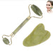 The jade roller and gua sha tool shown together with an inset image of a woman using the gua sha tool on her face.