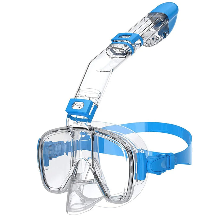 A transparent and blue snorkeling mask with an attached snorkel, similar in design to the first one, is featured. The snorkel is clear with black accents and has a valve at the top to keep water out.