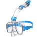 A transparent and blue snorkeling mask with an attached snorkel, similar in design to the first one, is featured. The snorkel is clear with black accents and has a valve at the top to keep water out.