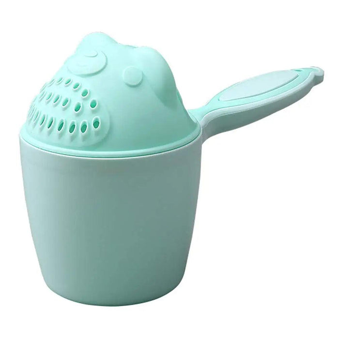 A straightforward view of a green baby rinse cup with a bear-shaped strainer lid.