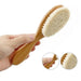 A wooden baby hairbrush with soft bristles held in a hand, with two inset close-up views showing the brush's bristles and handle.