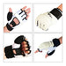 A collage showing white martial arts gloves with open fingers and black accents, displayed in various angles to highlight design and flexibility.