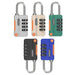 Five combination padlocks with metal shackles arranged in two rows. The top row features a silver, beige, and green padlock, all with four dials set to "7-8-9" and orange accents. The bottom row has a black and blue padlock with the same features.