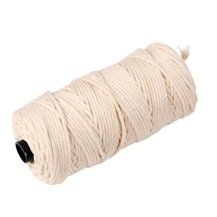 A cylindrical spool of natural cotton twine, neatly wound around a black plastic core. The twine is tightly twisted, suggesting strength and durability, ideal for various crafting, gardening, and general household uses.