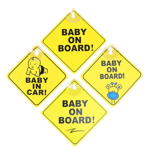 A set of four yellow diamond-shaped signs featuring different designs, including "BABY ON BOARD!" and "BABY IN CAR!" messages.