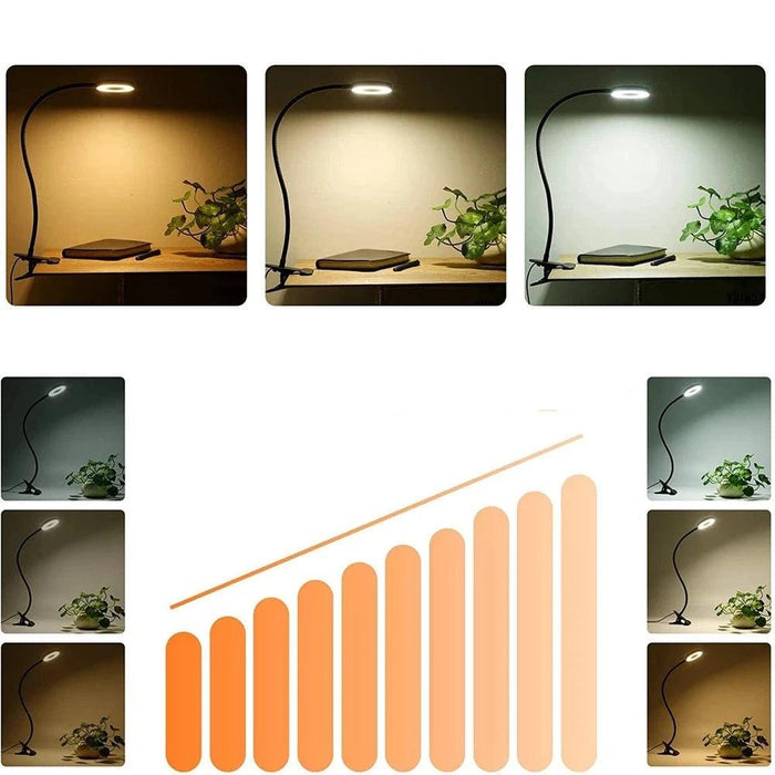 A collage showcasing the LED ring light in different lighting modes. Three main images display the light on a desk in warm, neutral, and cool tones. Smaller images to the left show the light's flexibility and the different color temperatures it can emit, represented by a gradient of orange shades.