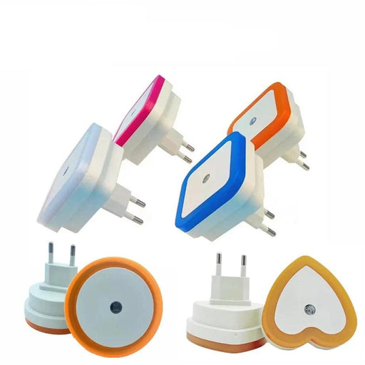 A few colorful night lights in circular, square-shaped, and heart shapes, each equipped with European-style plugs for functionality. Display on white background.