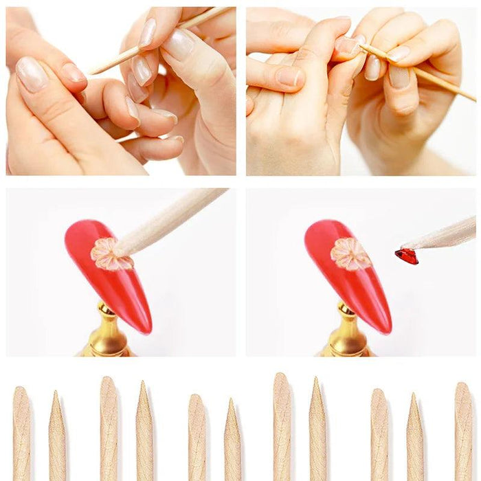 various uses of wooden cuticle sticks. The top two images demonstrate using the sticks to push back cuticles. The bottom two images illustrate using the sticks for nail art and applying rhinestones. Below these, there are several wooden cuticle sticks arranged in a row.