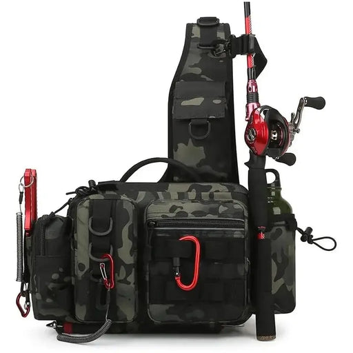 The sling bag is shown in a camouflage pattern with various compartments and attachments, including a fishing rod holder. The design is compact yet functional, with multiple pockets and loops for organizing gear.