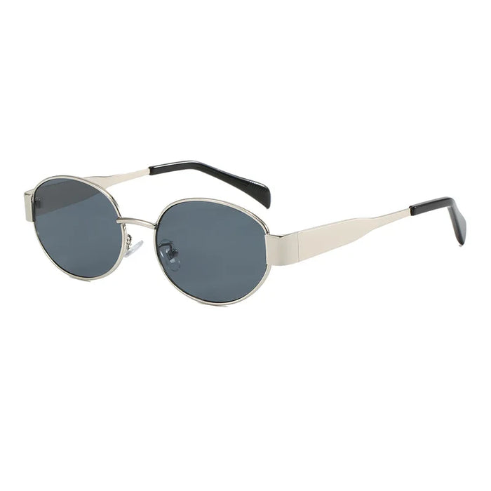 A pair of silver-framed oval sunglasses with dark lenses.