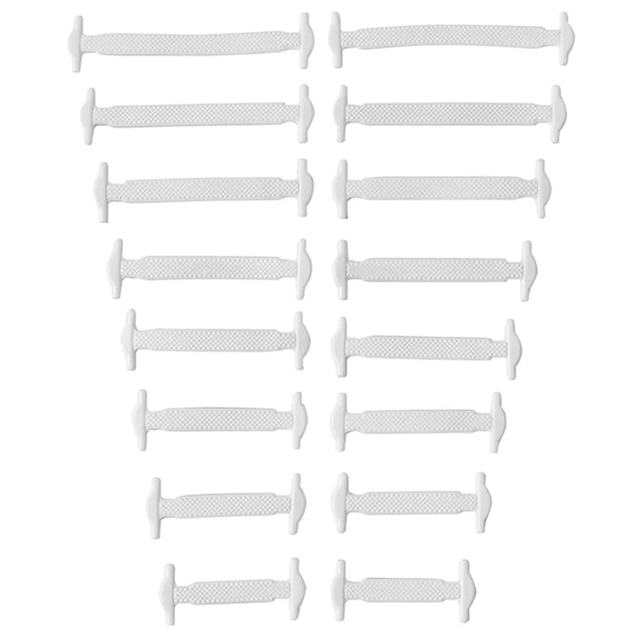 Sixteen silicone shoelaces in different sizes and white color, neatly organized in pairs on a white background.