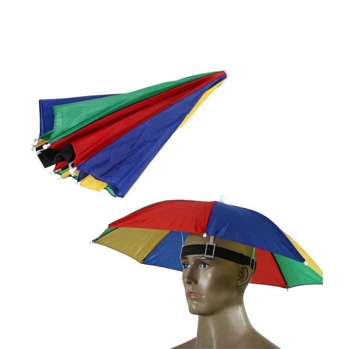 Multicolor umbrella with red, yellow, blue, and green segments.