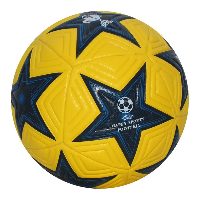 Yellow soccer ball with blue and black star pattern.