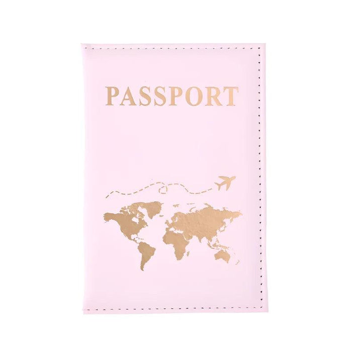 A single light pink passport holder with a gold world map design and "PASSPORT" in gold text.