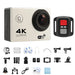 A white 4K Ultra HD action camera shown with a remote control and various accessories for mounting and protection.