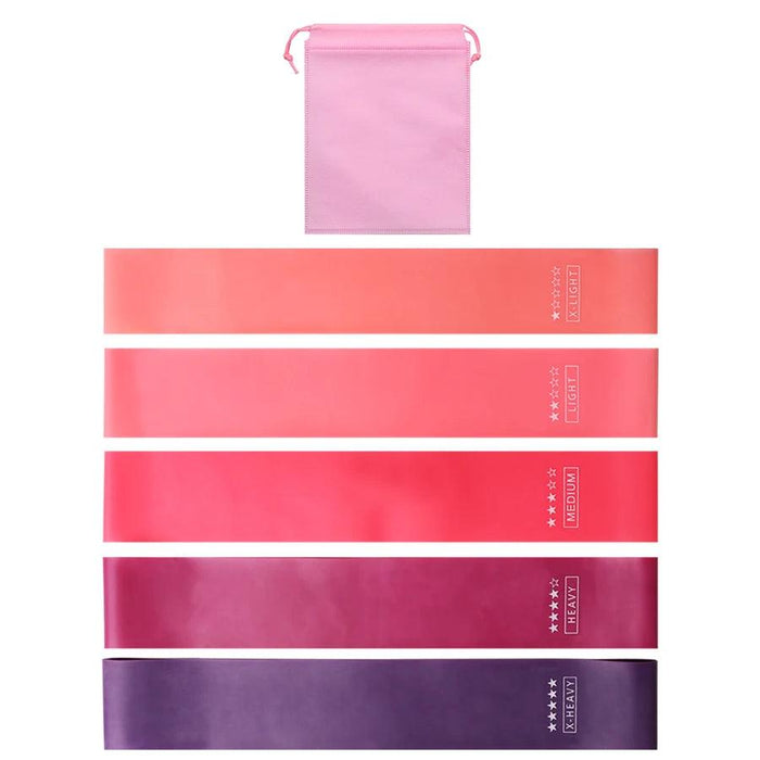 A set of five resistance bands in shades of pink and purple. The bands are labeled from top to bottom: "X-LIGHT," "LIGHT," "MEDIUM," "HEAVY," and "X-HEAVY," each marked with circular icons to indicate the resistance level. A pink drawstring bag above them.