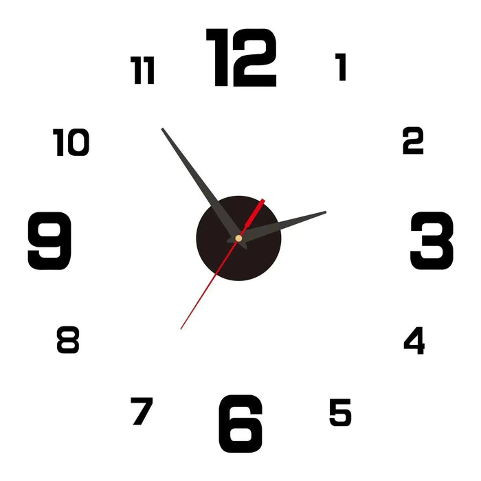 A wall clock with black numbers, black and red hands, and a black center, displayed on a white background.