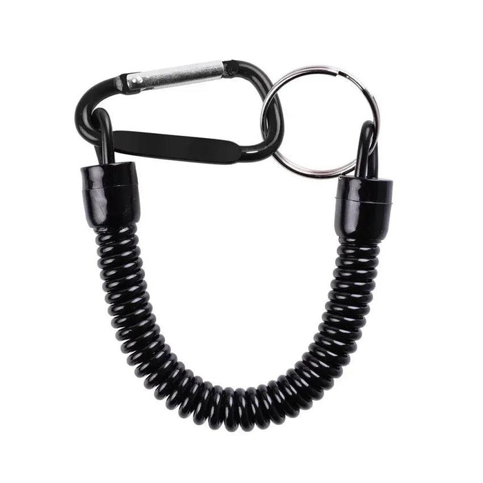 A black coiled lanyard with a carabiner and keyring attachment, ideal for securing tools like fishing pliers to prevent loss.