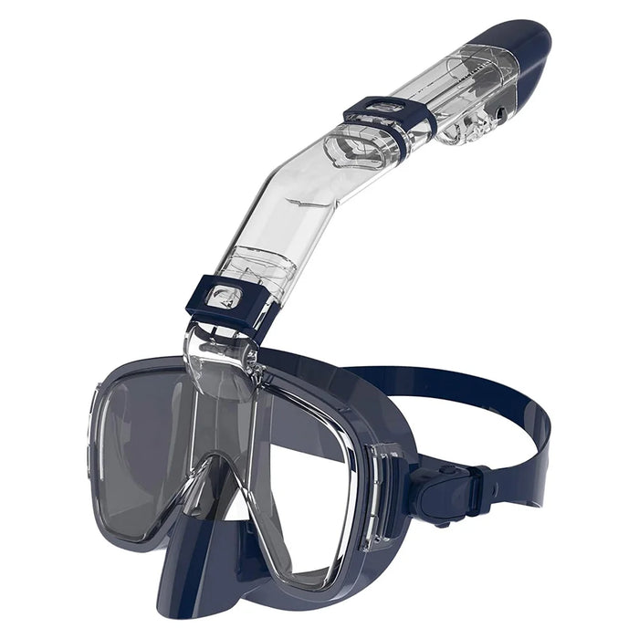 A navy blue snorkeling mask with an attached snorkel, similar in design to the first one, is featured. The snorkel is clear with black accents and has a valve at the top to keep water out.