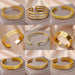 Collage of nine different gold cuff bracelets displayed on satin fabric.