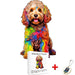 A colorful, detailed wooden puzzle of a dog, accompanied by an A4 size box and a keychain.