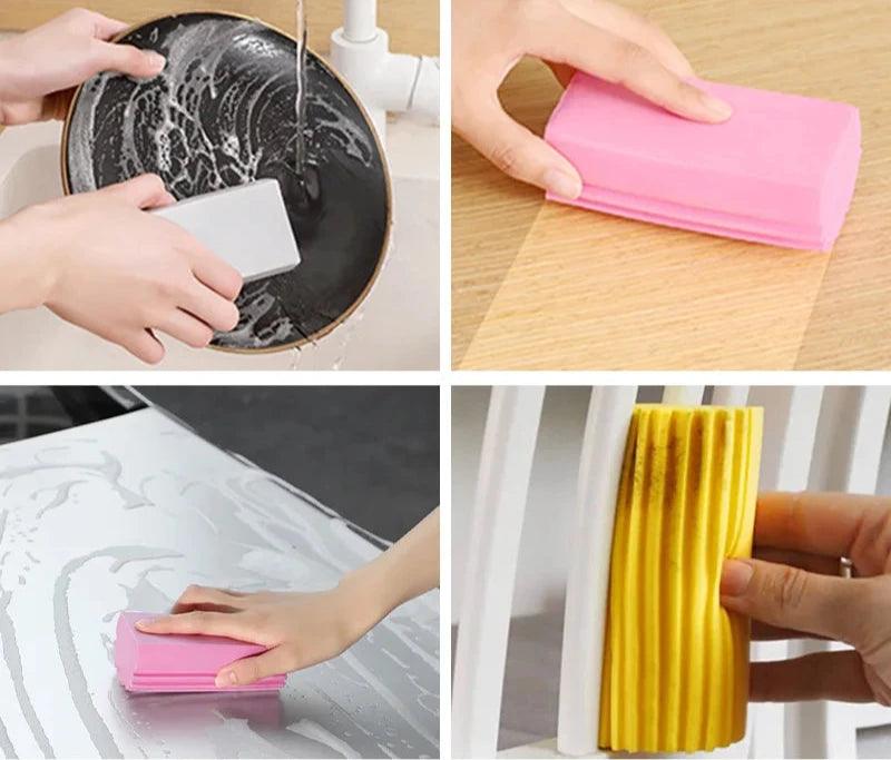 A collage showing a sponge being used to clean a dish, wipe a surface, and remove dirt from furniture.