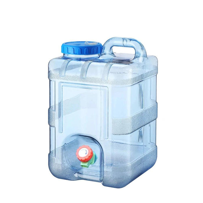 A Transparent Blue water container with Faucet.