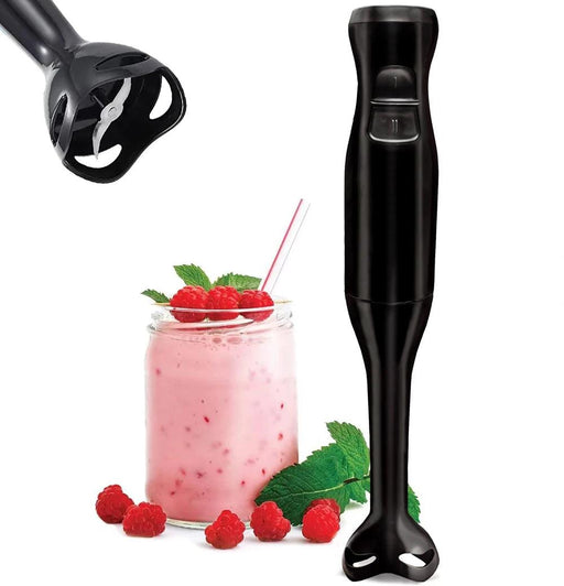 A black handheld immersion blender is shown next to a glass jar filled with a pink smoothie and topped with fresh raspberries. An enlarged image of the blender's blade is displayed in the top left corner, showcasing its sharp, efficient design.