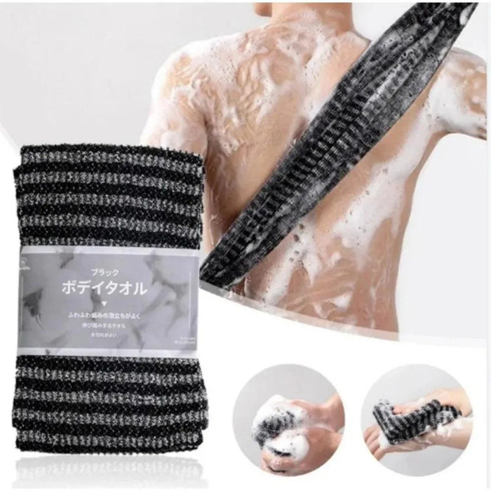 A person scrubbing their back with a black exfoliating towel; the towel is shown in its packaging.