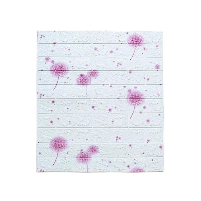 A white wall panel with pink dandelion designs.