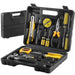 a black plastic carrying case opened to reveal an organized set of hand tools. The toolset includes a hammer, screwdrivers, a utility knife, pliers, and a measuring tape, all secured in their designated slots.