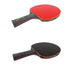 A single table tennis paddle with a red rubber surface on the front side and a black on the back side with black  handle.