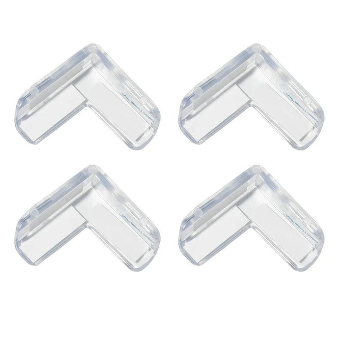 Four clear L-shaped corner protectors for furniture.