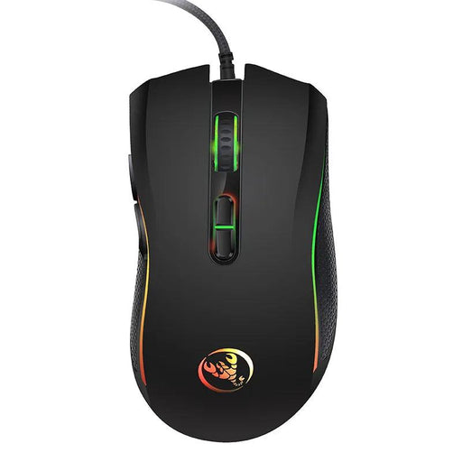 A clear top view of the black gaming mouse. The RGB lighting is visible, and the scorpion logo is prominently displayed on the mouse's top surface. The design highlights the mouse's ergonomic shape and multiple buttons. Display on white background.