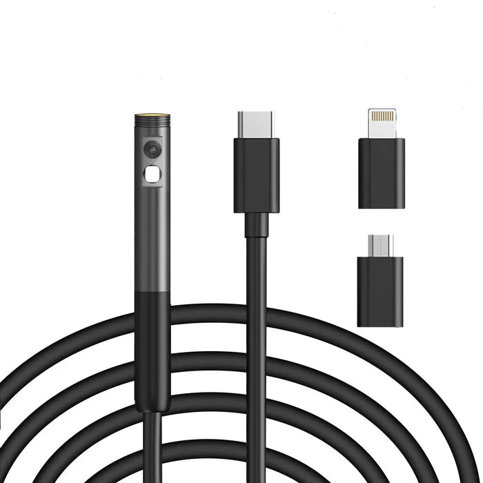 Endoscope camera head with a USB-C connector, two adapter connectors, and a camera on the side.