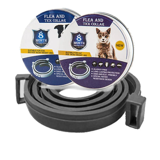 Black flea and tick collar with packaging for both cats and dogs.