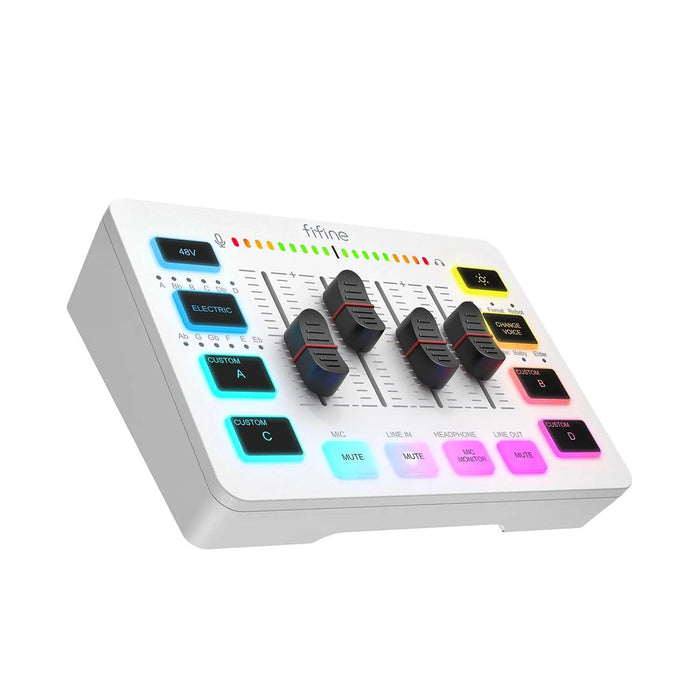 A white audio mixer with a sleek, modern design featuring various colorful buttons and sliders. The mixer has a clean layout with labels for different controls such as "48V," "Electric," and "Custom" settings. The LED lights add a vibrant touch, making it visually appealing and easy to navigate.