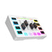 A white audio mixer with a sleek, modern design featuring various colorful buttons and sliders. The mixer has a clean layout with labels for different controls such as "48V," "Electric," and "Custom" settings. The LED lights add a vibrant touch, making it visually appealing and easy to navigate.