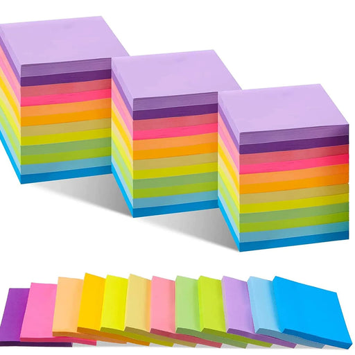 Three stacks of colorful adhesive note pads on a white background, each featuring twelve distinct colors. Additionally, twelve note pads are lying on each other widthwise.