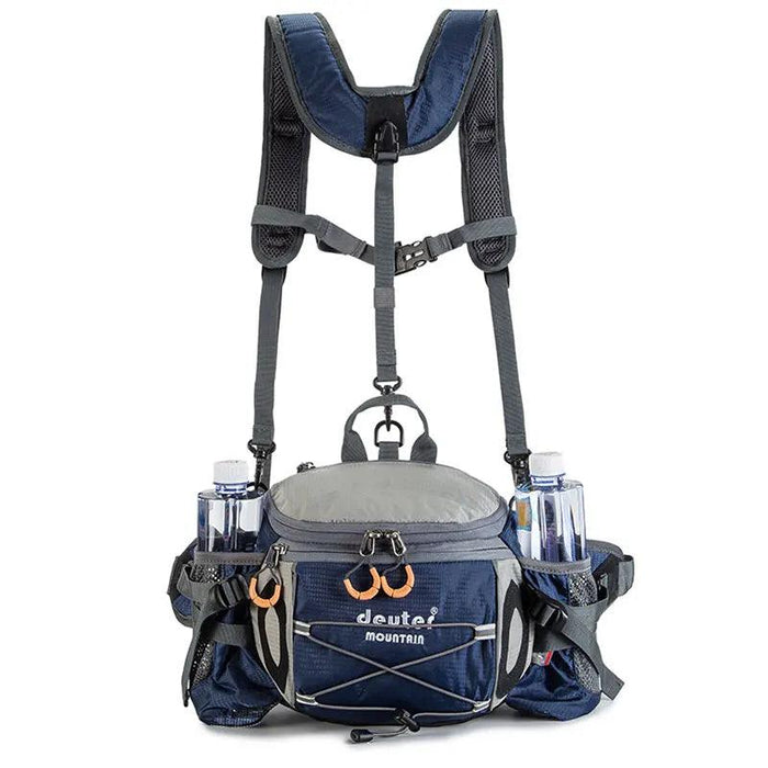 A front view of the blue waist pack highlights its various compartments and storage features. The pack includes multiple zippered pockets, elastic cords for additional gear storage, and dedicated bottle holders on each side. The harness system includes padded shoulder straps for additional support, ensuring comfort during long treks.