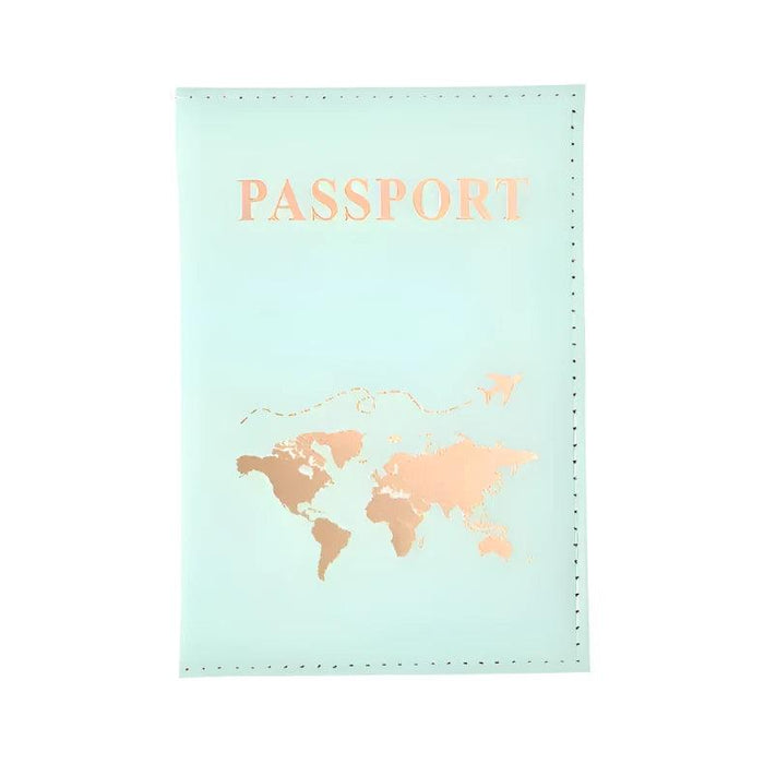 A single turquoise passport holder with a gold world map design and "PASSPORT" in gold text.