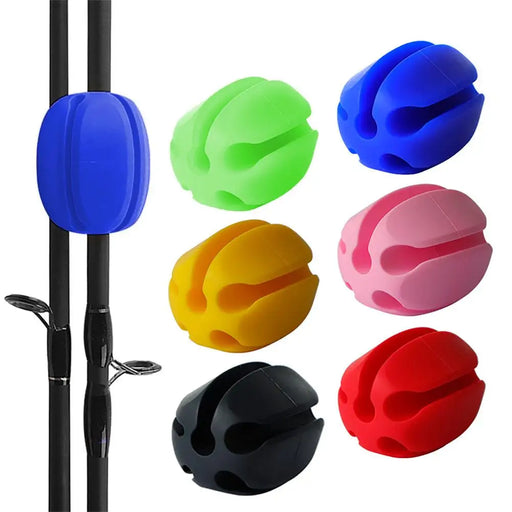 A set of silicone rod holders in multiple colors (blue, green, red, yellow, black, and pink), with the blue one displayed in use on a fishing rod.