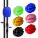 A set of silicone rod holders in multiple colors (blue, green, red, yellow, black, and pink), with the blue one displayed in use on a fishing rod.