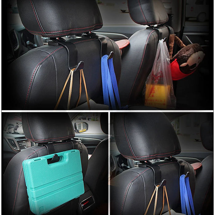  Multiple uses of headrest hooks in a car, holding bags, a blue case, and other items.