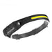 a sleek, black headlamp with a thin design. It has a yellow strip of LED lights running along the front. There are two buttons on the side, along with a small, focused light for additional illumination.