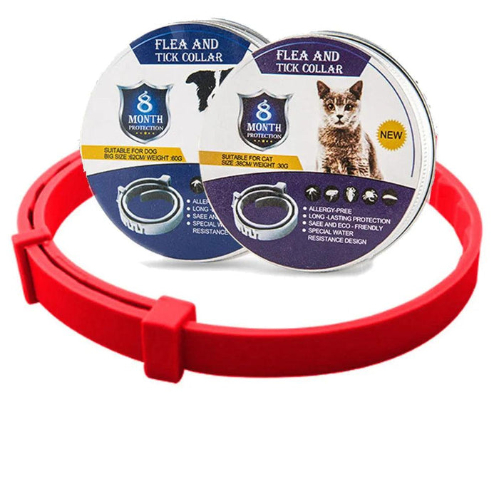 red flea and tick collar with packaging for both cats and dogs.