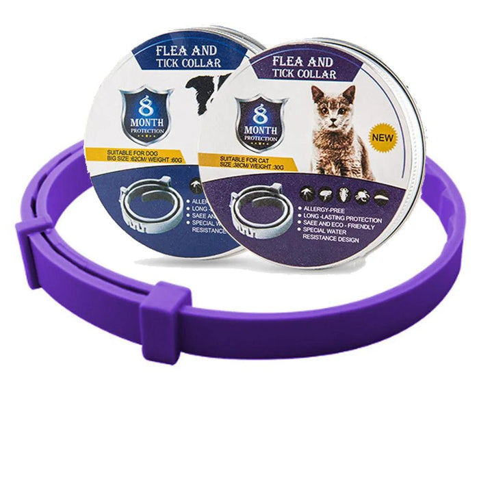 purple flea and tick collar with packaging for both cats and dogs.